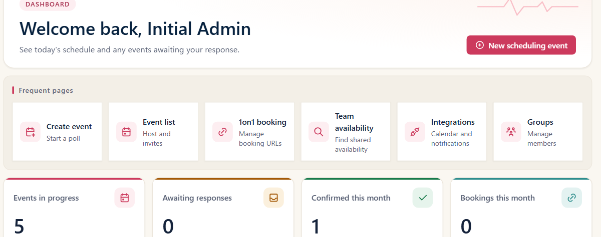 A dashboard showing how many scheduling events are in progress, awaiting replies and already confirmed