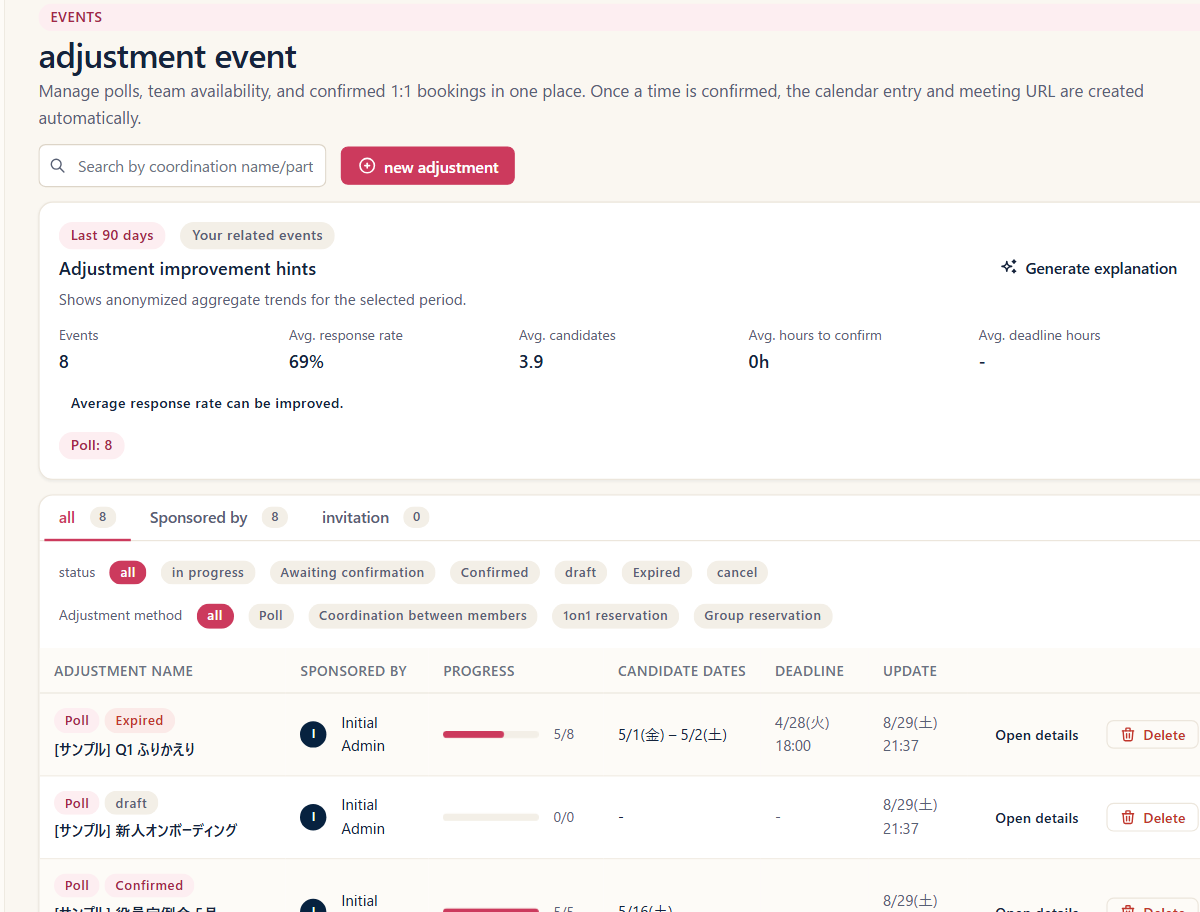 A list of the team scheduling events with their statuses and filters