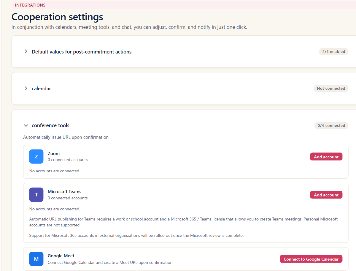 The integrations screen listing connected calendars and meeting tools